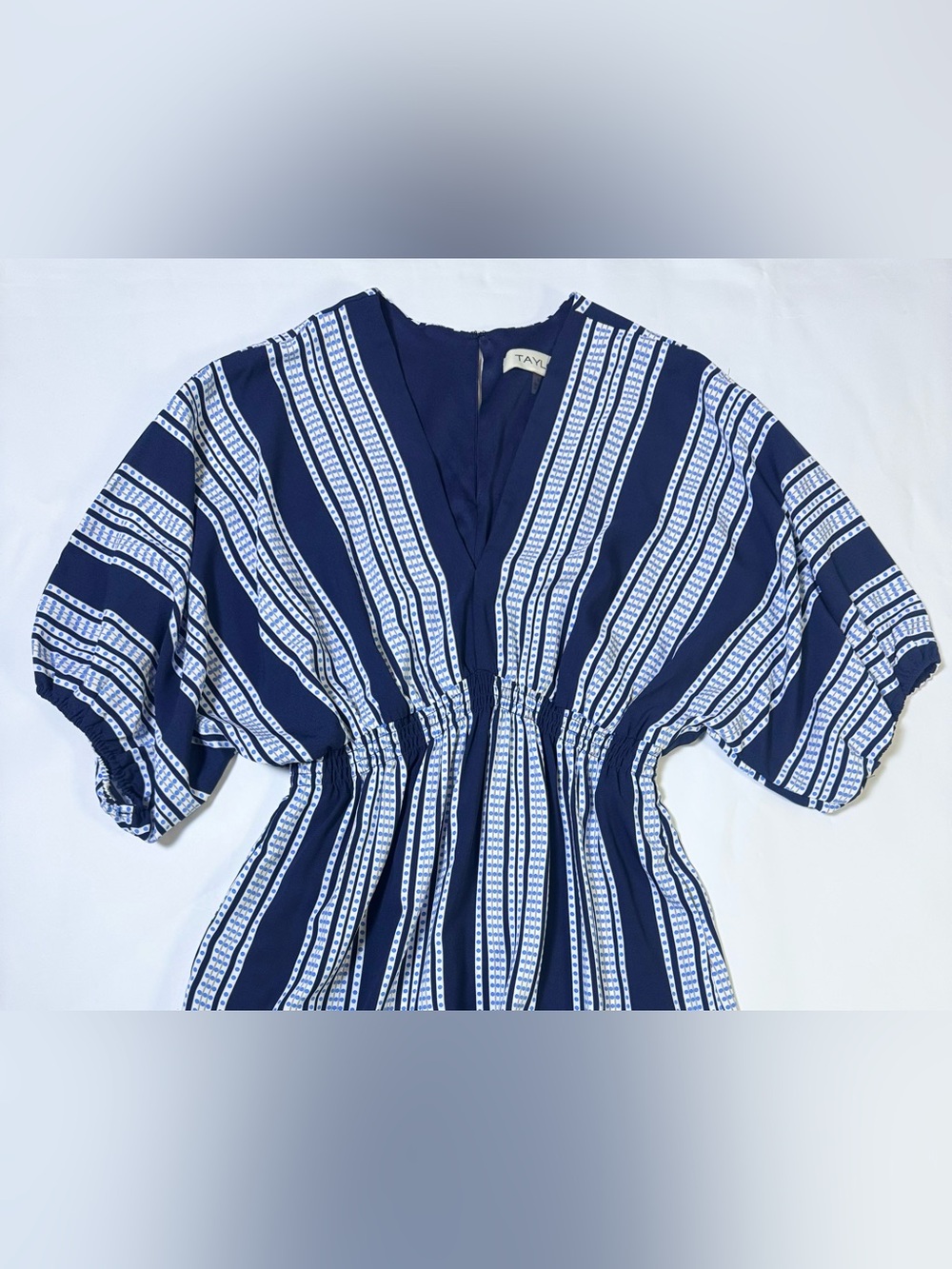 Taylor Navy Blue Printed Smocked Waist Maxi Dress Size 10 - Picture 3 of 10